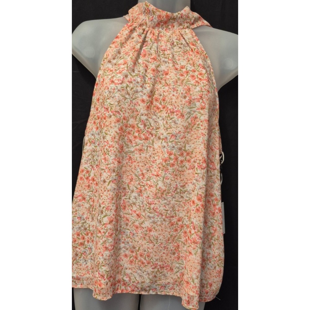 NWT 1.State  peach floral print halter neck sleeveless blouse top Med‎ back tie
